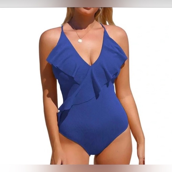 Blue Double Ruffled Criss-Cross Back Straps SIZE XXL 2X Plus Size - Picture 2 of 7